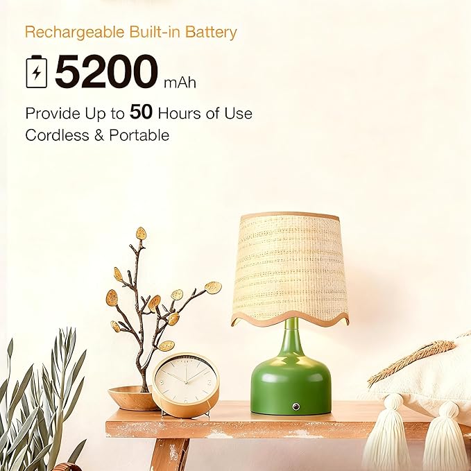 Cordless Boho Table Lamp Green, Wicker Shade, 5200-mAh Rechargeable Battery, 3-Way Dimmable, Build-in Integrated LED 320 Lumen Max, for Bedside Living Room