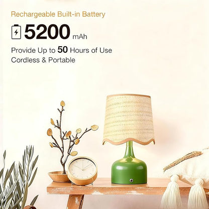 Cordless Boho Table Lamp Green, Wicker Shade, 5200-mAh Rechargeable Battery, 3-Way Dimmable, Build-in Integrated LED 320 Lumen Max, for Bedside Living Room