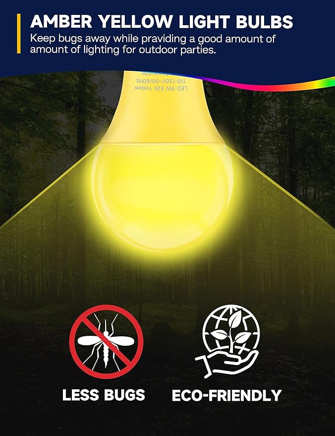 UNILAMP Yellow LED Bug Light Bulbs, A19 Outdoor Yellow Bug Light Bulb, 9W Equivalent 60W, Yellow Bug Light Bulbs for Outside, E26 Base for Porch, Holiday Party Decoration, Non-Dimmable, 4 Pack