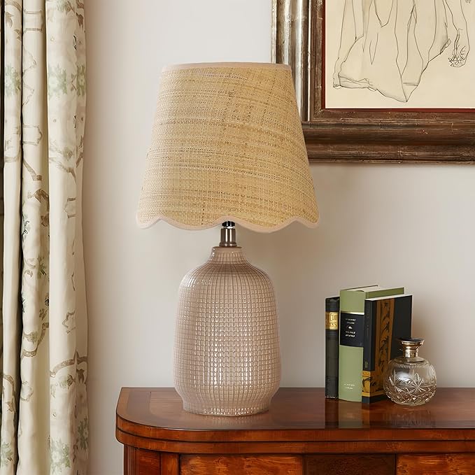 19" Boho Ceramic Table Lamp, Handmade Ceramic Base with Rattan Shade, Farmhouse Plug-in Bedside Nightstand Lamps for Bedroom, Living Room, E26 Socket, Grey