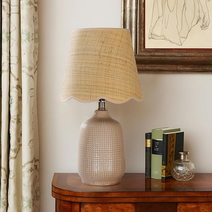 19" Boho Ceramic Table Lamp, Handmade Ceramic Base with Rattan Shade, Farmhouse Plug-in Bedside Nightstand Lamps for Bedroom, Living Room, E26 Socket, Grey