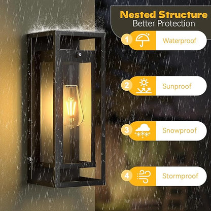 Dusk to Dawn Outdoor Wall Light 2Pack-15in Waterproof Large Porch Sconce Wall Mounted Modern Exterior Lighting Fixture E26 Black Lantern for Outside House Garage Entryway