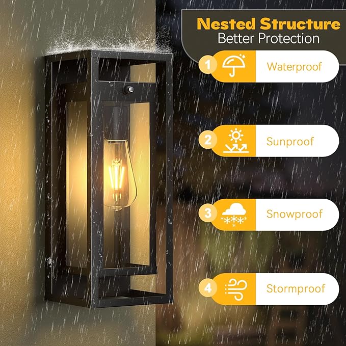 15in Dusk to Dawn Outdoor Wall Sconce-Black Modern Exterior Lighting Fixture Waterproof Porch Lights Large Outside Lantern Wall Mounted for Coach Doorway Patio E26 Base