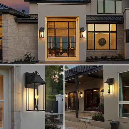 25-INCH Dusk to Dawn Outdoor Wall Light, Large Size Waterproof Patio Lanterns, 3-Light Exterior Wall Mount Lantern Sconce with Glass, Black Wall Sconces for House Garage Front Door