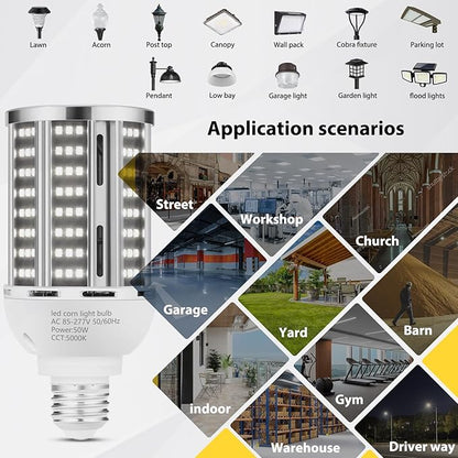 50W 2 Pack LED Corn Light Bulb,5000K Daylight 6500LM(500W Equivalent) Commercial GradeE26/E39 Medium Mogul Base LED Lamp,Large Area Lights for Outdoor Indoor Garage Warehouse Factory Bay Light