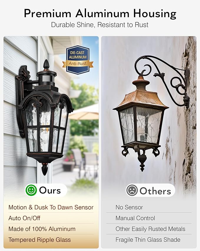 VIANIS 16.4" Outdoor Motion Sensor Light, 2 Pack Vintage ORB Porch Lights Outdoor Lantern, Dusk to Dawn Outside Light Fixtures Wall Mount, Aluminum Exterior Lighting Fixtures for House, Garden, Patio