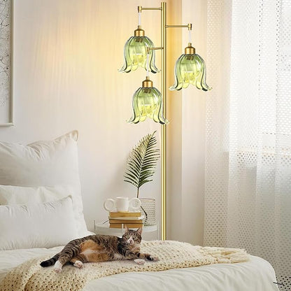 Gold Floor Lamp for Living Room,Bedroom,Tree 3 Light Standing Lamp Mid Century Modern Brass Tall Floor Lamps Vintage Retro Floor Lights Green Glass Flower Lamp Shade Farmhouse Boho Bohemian