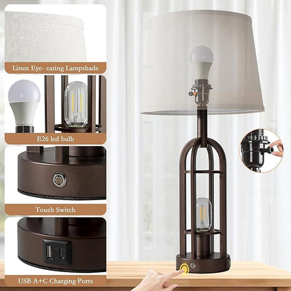 24" Table Lamps for Living Room Set of 2, Rustic Farmhouse 3-Way Dimmable Touch Industrial Bedside Lamps with USB A+C for Bedroom Nightstand，4 Bulbs Included