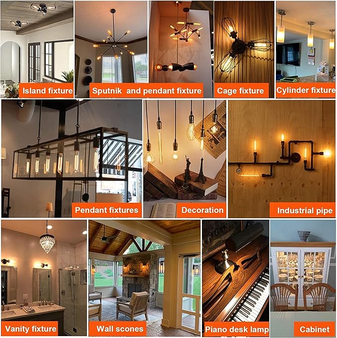 Leools Amber T10 LED Bulb 8W Equal E26 Edison Bulb 60 Watt AC120V Dimmable 7.3inch Tubular Light Bulb Warm White 2700K 600lm E26 LED Bulb for Rustic Pendant,Wall sconces E26 Light Bulbs 6Pack
