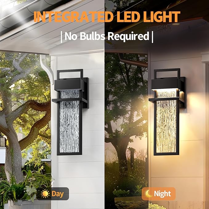 15'' Outdoor Wall Lights 2 Packs, 3000K Integrated LED Outdoor Sconce, Modern Exterior Lighting Fixtures with Rippled Glass, Waterproof Porch Light Outside Lights for House Garage Patio, Black