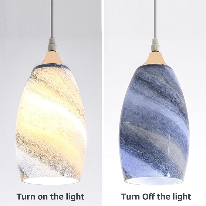 GO&SO Ocean-Blue Gradient Glass Art Lamp Shade -2 Pack Hand-Blown Fluid Flow Texture Pendant Light Shades Replacement,7.8"H Oval Fixture,1.57" Fitter,E26 Base,for Hanging Light Fixtures Kitchen Island