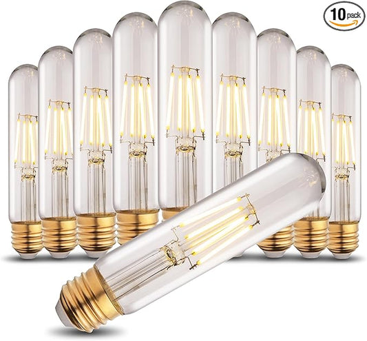 T10 Tubular Led Bulbs 60w Equivalent, Dimmable 5.25 Inch Led Tube Bulb, E26 T30 Edison Tubular Clear Light Bulbs, 2700K Warm Light Long Skinny 6W 10 Pack