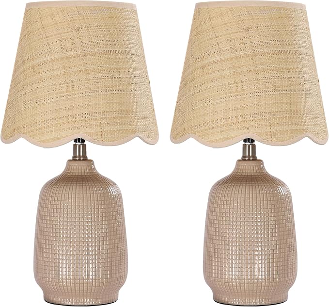 19" Boho Ceramic Table Lamp Set of 2, Handmade Ceramic Base with Rattan Shade, Farmhouse Plug-in Bedside Nightstand Lamps for Bedroom, Living Room, E26 Socket, Grey