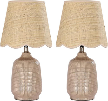 19" Boho Ceramic Table Lamp Set of 2, Handmade Ceramic Base with Rattan Shade, Farmhouse Plug-in Bedside Nightstand Lamps for Bedroom, Living Room, E26 Socket, Grey