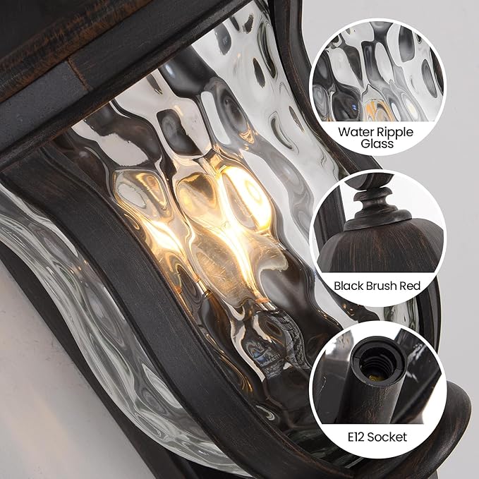 Black Brush Red Exterior Wall Sconces, 28" H Large Outdoor Wall Light Fixtures with Water Glass, Waterproof Outdoor Lights Wall Mount with Decorative Patterns for Porch, Front Door
