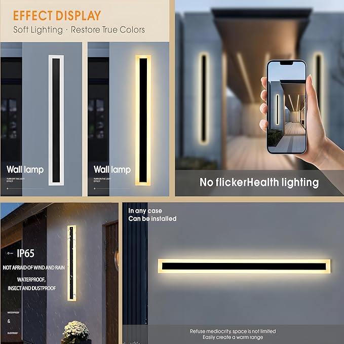 2Pack 47.2inch Long Outdoor Modern LED Wall Light,38W Waterproof IP65 Warm White 110V led Wall Mount Lighting Fixture Rectangular Black Wall Lights Elegant Frosted White Acrylic Anti Rust