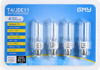 GMY JDE11 120V 75W E11 Bulb, Mini Candelabra Base T4 JDE11 Bulb, 2800K Clear Dimmable 75 Watt Halogen Light Bulbs for Ceiling fan light bulbs Replace E11 Led Bulb, Specialty Directional Light, 4Pack