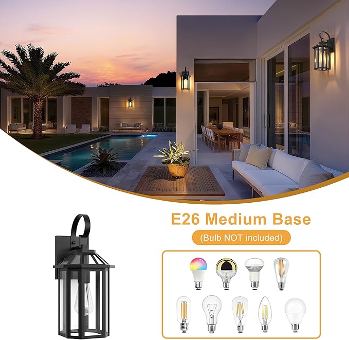 Outdoor Wall Lights, 15.56 Inch Large Waterproof Outside Wall Lantern Sconce, Clear Glass Exterior Lamp for House, Porch, Garage, 1-Light, (E26 Bulb Base, Black)