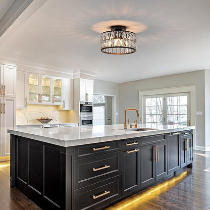 Crystal Ceiling Light, Modern Flush Mount Ceiling Light, Black Crystal Chandelier for Kitchen Bedroom Bathroom Entryway Hallway, 1 Light
