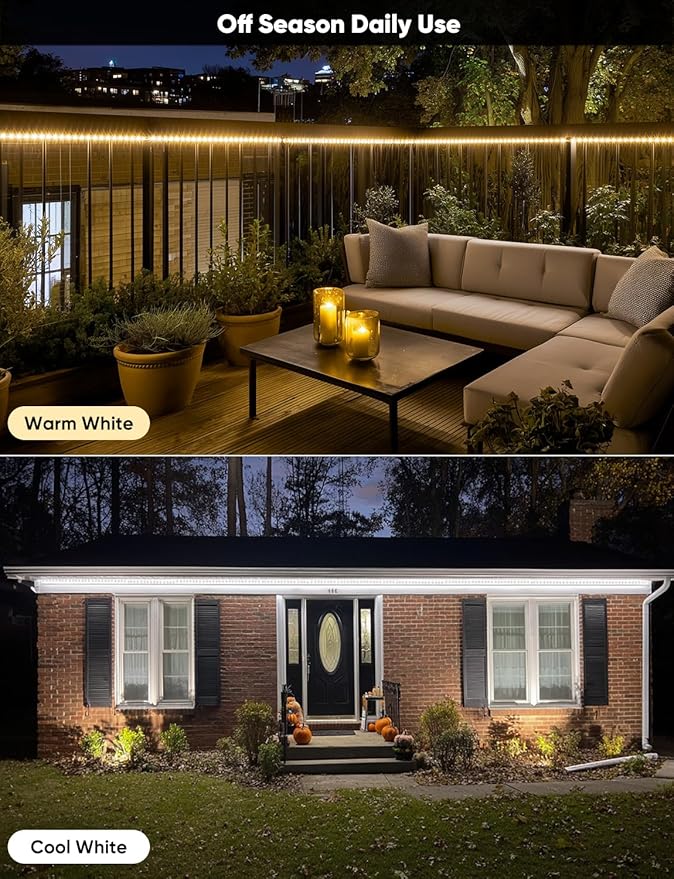 131FT Outdoor LED Strip Lights RGB+IC with Warm&Cool White, ETL Listed Music Sync Light Strip AC 120V, IP65 Waterproof and Connectable, for Party Festival Eave Porch Patio Every Day Decor