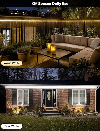 131FT Outdoor LED Strip Lights RGB+IC with Warm&Cool White, ETL Listed Music Sync Light Strip AC 120V, IP65 Waterproof and Connectable, for Party Festival Eave Porch Patio Every Day Decor