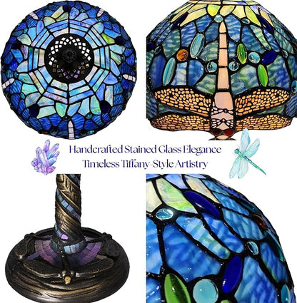 Tiffany-Style Table Lamp, 12" Blue Dragonfly Handmade Stained Glass Lamp Shade, Vintage Reading Light for Bedroom Living Room, LED Bulb Included