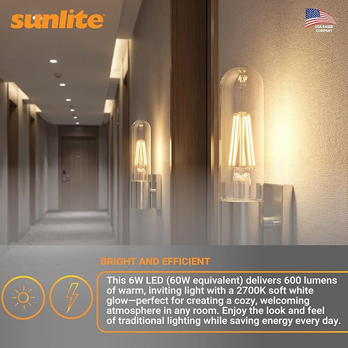 Sunlite LED Filament T10 Tubular Light Bulb, 6 Watts (60W Equivalent), 600 Lumens, Medium E26 Base, Dimmable, 128 mm, UL Listed, 2700K Soft White, 6 Pack