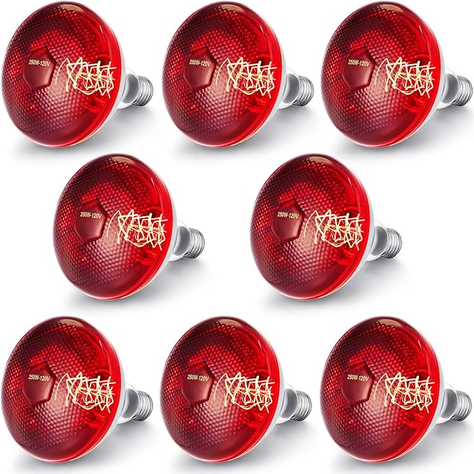 VIHOSE 8 Pack Infrared Heat Lamp for Chickens 250watt 120v Thickened Red Heat Lamp Bulbs for Food Service, Reptile, Pet, Bathroom, Light Therapy Use E26 Base