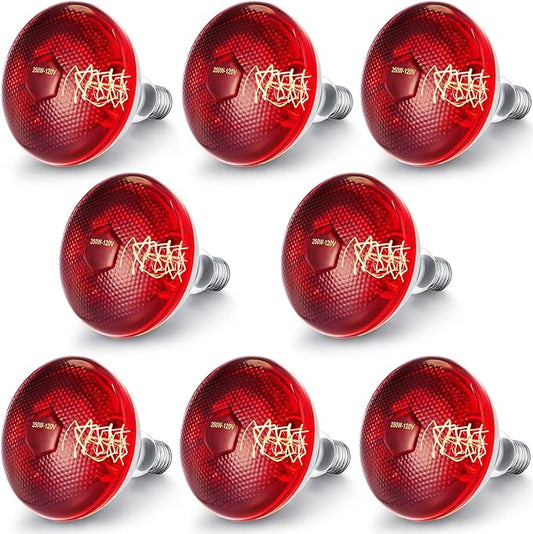 VIHOSE 8 Pack Infrared Heat Lamp for Chickens 250watt 120v Thickened Red Heat Lamp Bulbs for Food Service, Reptile, Pet, Bathroom, Light Therapy Use E26 Base