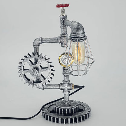 Antique Steampunk Pipe Table Lamp with Adjustable Joint & Clock (Cage Shade) QTF-BT05