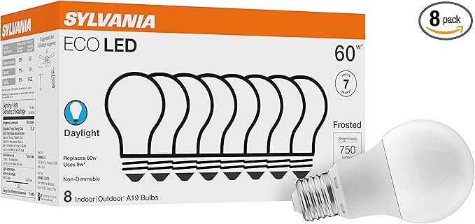 Sylvania ECO LED A19 Light Bulb, 60W Equivalent, Efficient 9W, 7 Year, 750 Lumens, Non-Dimmable, Frosted, 5000K, Daylight - 8 Pack (40883)