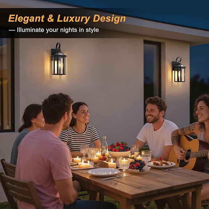 Outdoor Wall Lights, 15.56 Inch Large Waterproof Outside Wall Lantern Sconce, Clear Glass Exterior Lamp for House, Porch, Garage, 1-Light, (E26 Bulb Base, Black)