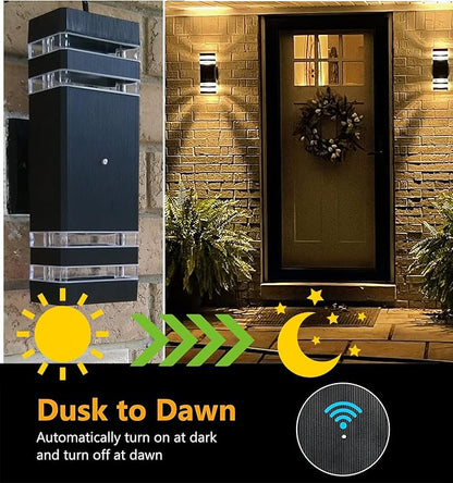 tewei Dusk to Dawn Outdoor Wall Lights Fixture, Up and Down Porch Lights Outdoor Wall Black Modern Exterior Lights, IP65 Warm White 3000K Waterproof LED Wall Sconce for House Garage, 2 Pack