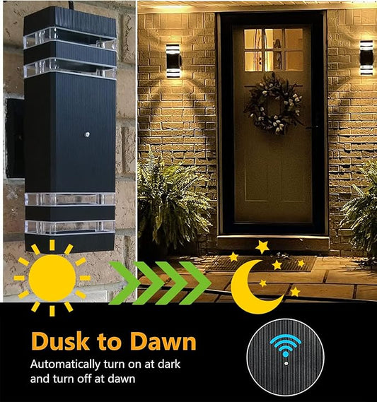 tewei Dusk to Dawn Outdoor Wall Lights Fixture, Up and Down Porch Lights Outdoor Wall Black Modern Exterior Lights, IP65 Warm White 3000K Waterproof LED Wall Sconce for House Garage, 2 Pack