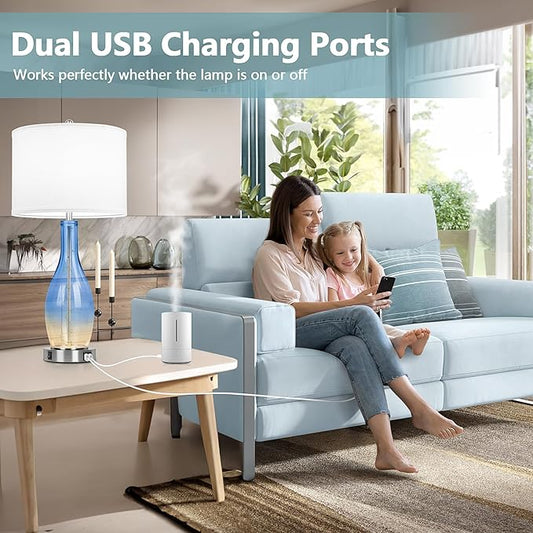 BesLowe 26in Tall Glass Table Lamps Set of 2 with 2 USB Charging Ports & LED Nightlight, Large Coastal Table Lamps for Living Room End Table, Modern Beach Lamps for Bedroom Bedside Nightstand, Blue