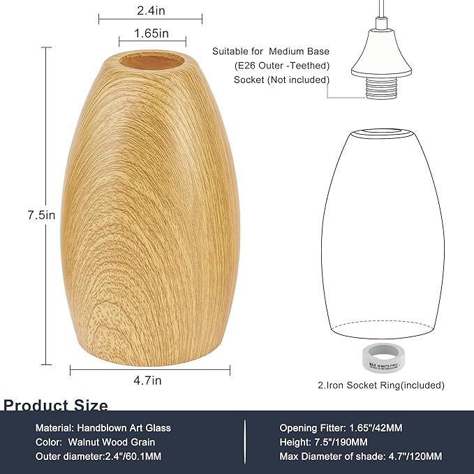 Glass Pendant Lamp Shade 4.72" Handblown Art Walnut Wood Glass Chandeliers Cover Mini Oval Light Shade Replacement Shade Only Light Fixtures for Kitchen Island Dining Room,Foyer,Hallway 1-Pack