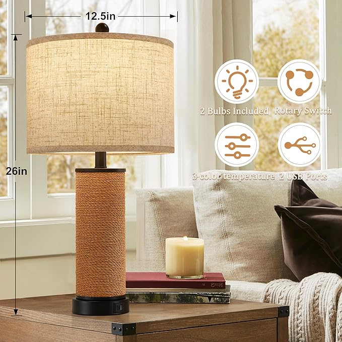GyroVu Set of 2 Rattan Table Lamps for Living Room with USB C+A Ports, Multi Color Temperature Nightstand Bedside Lamp Rocker Switch Coastal Lamps for Bedroom, Wicker Lamps (2 Bulbs Included)