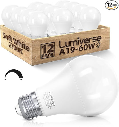 Lumiverse A19 Dimmable LED Bulbs 60W Equivalent, 9.5W, Non-Flickering, 2700K Soft White, 800 Lumens, E26 Base, 15000 Hour, Energy Saving, Clear Bright Light for Ceiling, Bedroom, 12 Pack