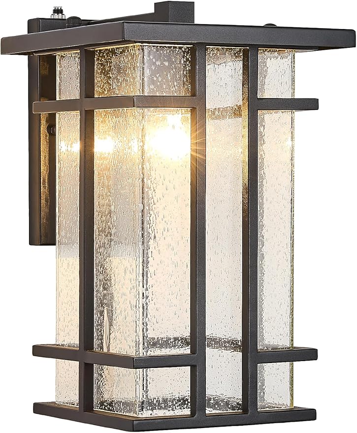 Rustic Dusk to Dawn Outdoor Wall Light Fixture 13.8"H Waterproof Exterior Wall Sconces Black Metal with Seeded Glass Sensor Outdoor Wall Lantern for House Patio Porch,Entryway,Garage Wall Lamps