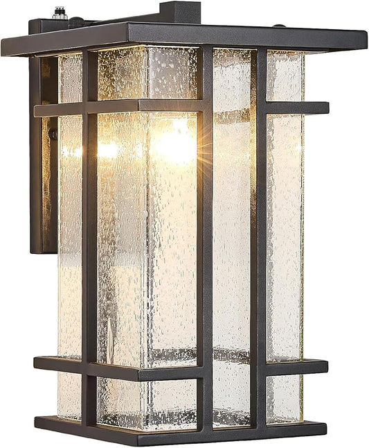Rustic Dusk to Dawn Outdoor Wall Light Fixture 13.8"H Waterproof Exterior Wall Sconces Black Metal with Seeded Glass Sensor Outdoor Wall Lantern for House Patio Porch,Entryway,Garage Wall Lamps