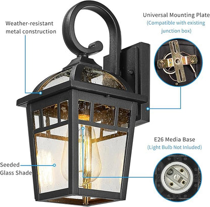 Front Porch Lights Outdoor Wall Lights Exterior Wall Sconce, Matte Black Exterior Light Fixtures with Seeded Glass Farmhouse Outdoor Lighting Fixtures for House Garage Porch Patio, 2 Pack