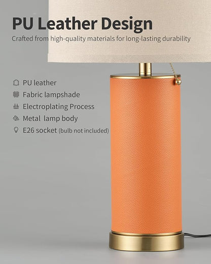 KDG 23.4" Orange PU Leather Table Lamps for Living Room Set of 2, 3 Level Brightness LED Modern Home Decor Fabric Lampshade Desk Lamp Lighitng for Bedroom, Bedside, Farmhouse, Nightstand, Night Light