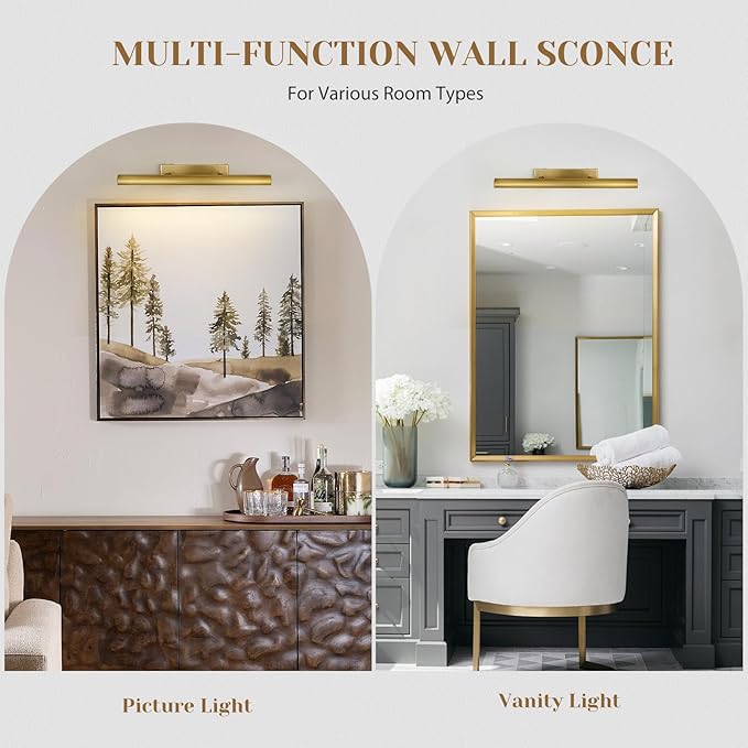 Brass Picture Lights for Wall, 24" Linear Picture Light Hardwired, 3-Light Brush Gold Art Light, Warm White 2700k Dimmable Picture Lamp, 270° Picture Frame Light for Bathroom, Living Room, Hallway