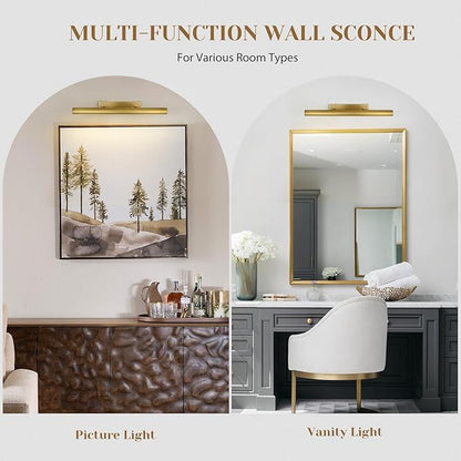 Brass Picture Lights for Wall, 24" Linear Picture Light Hardwired, 3-Light Brush Gold Art Light, Warm White 2700k Dimmable Picture Lamp, 270° Picture Frame Light for Bathroom, Living Room, Hallway