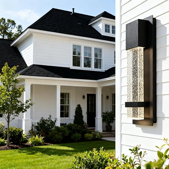 Modern LED Outdoor Wall Sconce, 13.8'' Black Exterior Wall Light Fixture with Crystal Bubble Glass, Hardwired Outdoor Light for Porch, Patio, Garage, Coach Lights, Waterproof Wall Mount Sconce