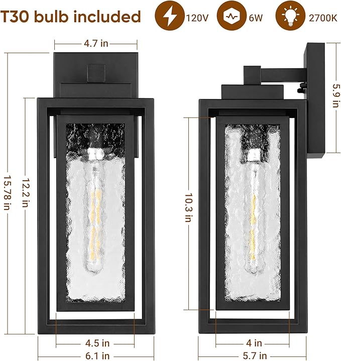 Water Ripple Outdoor Wall Lantern, Exterior Porch Light Fixture Black, 2 Pack Waterproof Wall Lights Fixture, Outside Garage Sconce Lighting, Porch Light Fixture, Mount Lamp, for Patio Outdoor Indoor