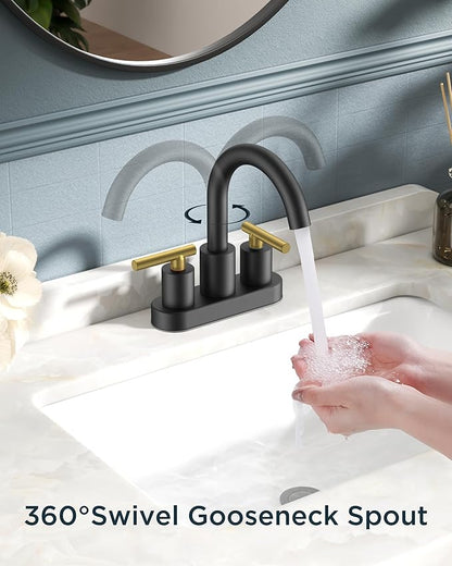 FORIOUS 4 in Black and Gold Bathroom Faucet Centerset, 2 Handle Matte Black Swivel Faucet for Bathroom Sink 2 or 3 Hole with Pop Up Dain Assembly and cUPC Supply Hose, Suitable for Vanity RV Restroom