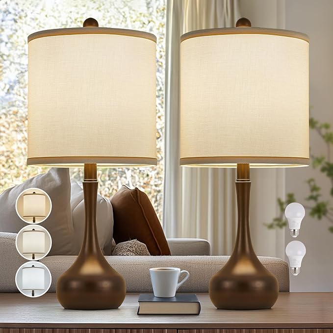 23" Farmhouse Table Lamp Set of 2, Brown Metal Modern Bedside Lamps for Living Room, 3 Color Temperature Rustic Table Lamps for Bedroom, Night Stands, Dorm,Office, Home Décor (Bulb Included)