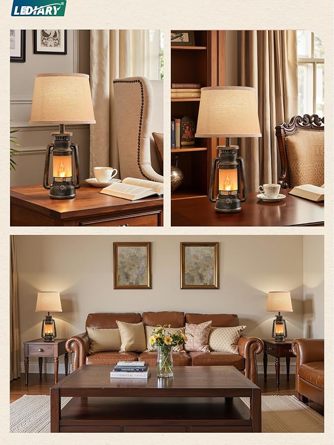 LEDIARY 18.72" LED Vintage Lantern Flickering Flame Table Lamps for Bedrooms Set of 2, Farmhouse Rustic Vintage End Table Lamps, Rustic Retro Bedside Nightstand Desk Lamp for Living Room