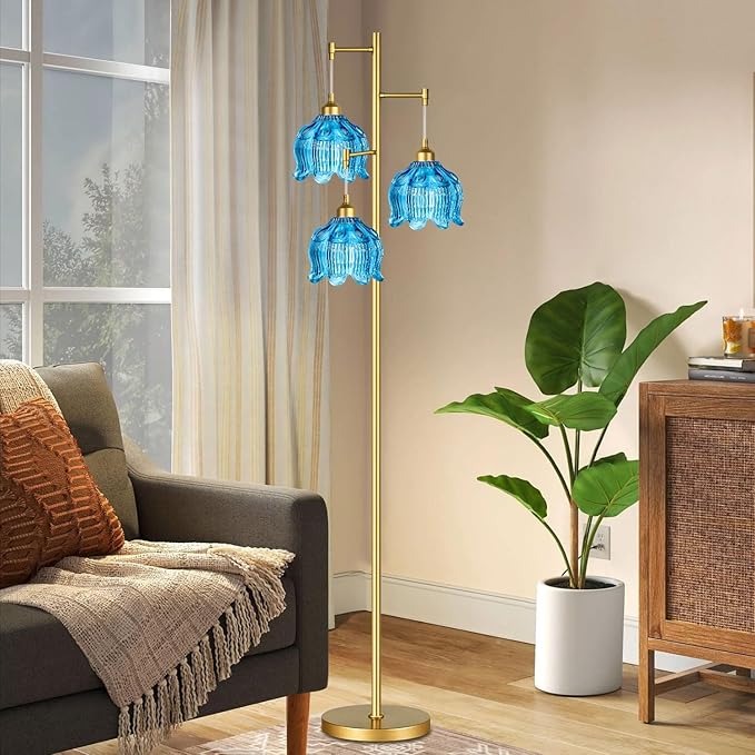 Glass Floor Lamp for Living Room,Bedroom,Gold Mid Century Modern Standing Lamp Brass Tree 3 Light Tall Floor Lamps Vintage Retro Floor Lights Flower Lamp Shade Farmhouse Boho Bohemian